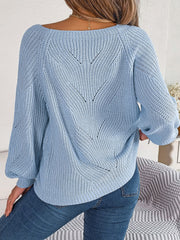 Misty Blue acrylic knit sweater with square neckline and open knit detail.