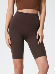 Sculpted Contour Active Cycling Shorts in Mocha, high-waisted, mid-thigh length.