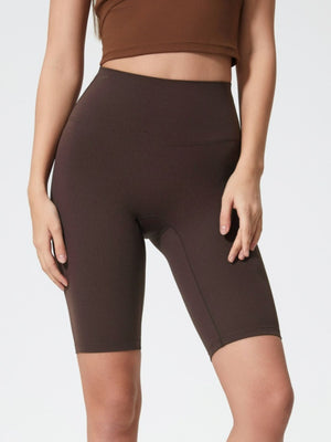 Sculpted Contour Active Cycling Shorts in Mocha, high-waisted, mid-thigh length.