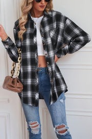Dreamer Plaid Drop-Shoulder Jacket in Black and White, buttoned, casual outerwear.