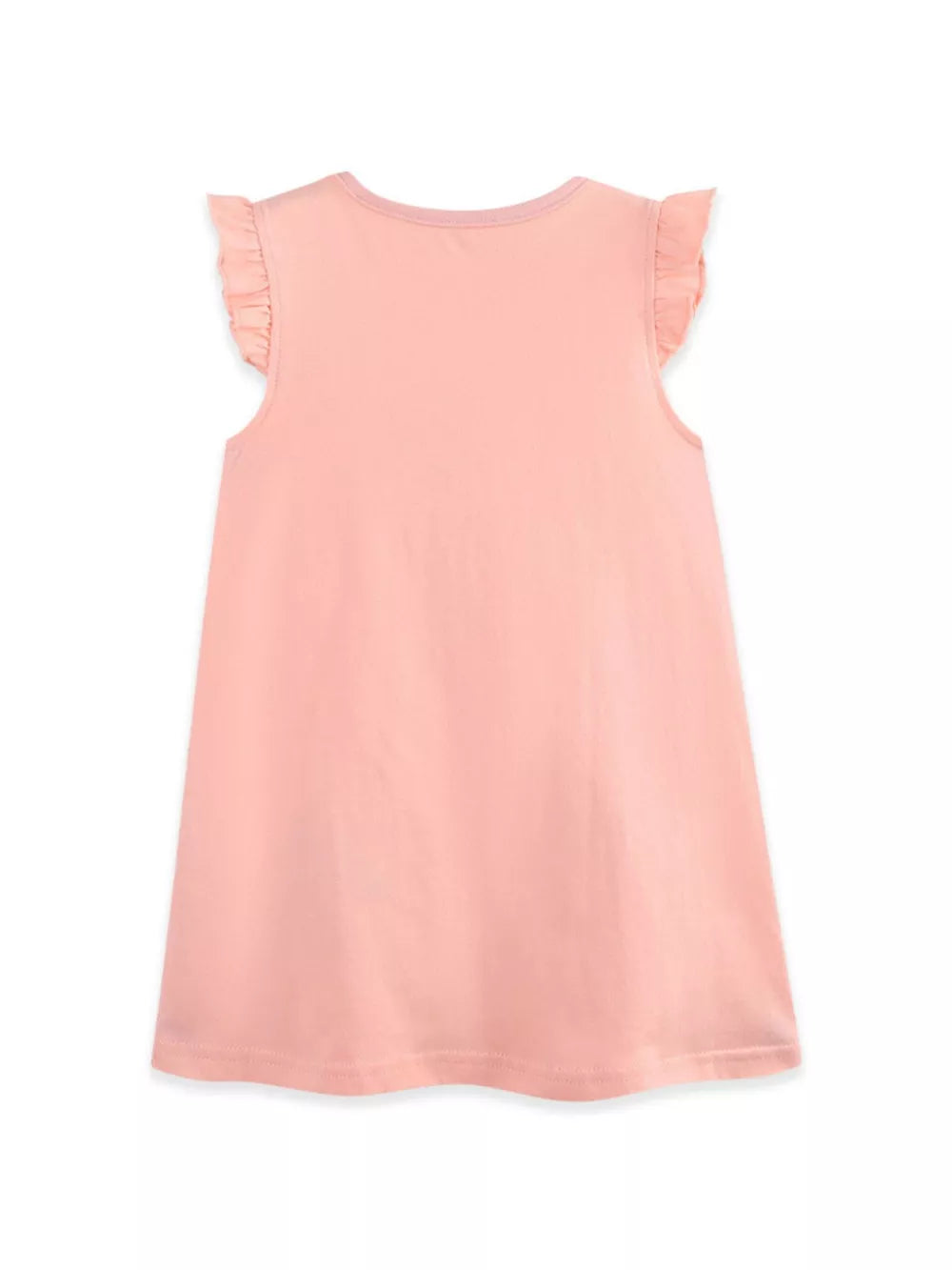 Pink cotton toddler dress with ruffled cap sleeves and a-line cut.