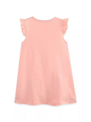 Pink cotton toddler dress with ruffled cap sleeves and a-line cut.
