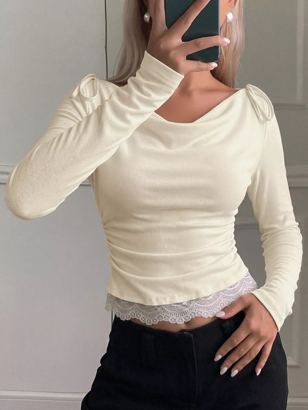 Lace Trim Long Sleeve T-shirt, front view