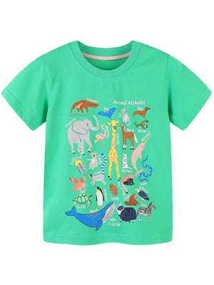 Green t-shirt with animal alphabet graphic print for kids