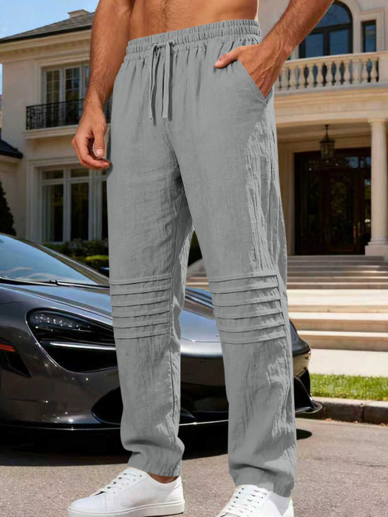 Men's gray linen-blend drawstring sweatpants with pleated detail