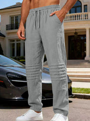 Men's gray linen-blend drawstring sweatpants with pleated detail