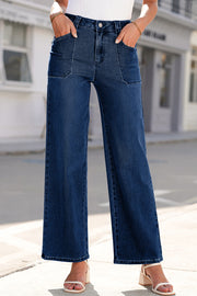 Mid-rise straight leg jeans in dark wash denim with patch pockets and a button closure.