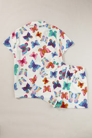 White butterfly print pajama set with short sleeves and shorts.