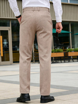 Classic fit men's khaki dress pants with a subtle herringbone pattern and two back pockets.