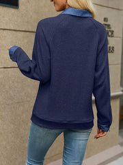 Button Detail Raglan Sleeve Top in denim blue with buttoned