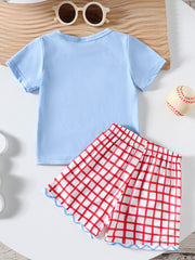 Baby boys light blue cotton t-shirt with red and white checkered shorts set