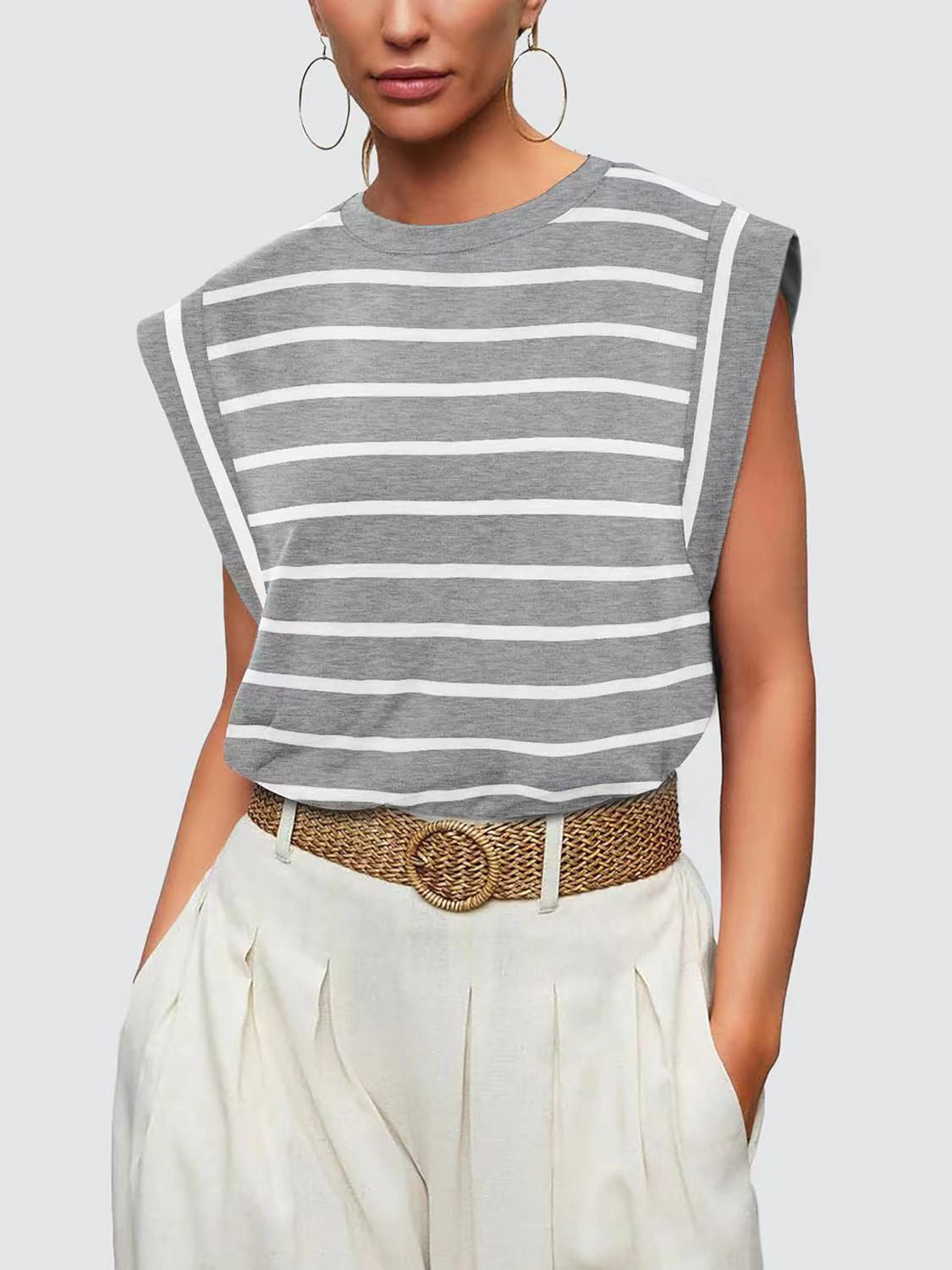 Padded shoulder tank top with grey and white Breton stripes and a round neckline.