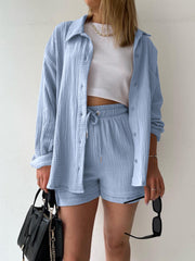 Light Blue textured gauze shirt and shorts set with drawstring shorts and button-up shirt.