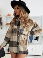 Oversized checkered shacket in Khaki with button-down front and patch pocket.