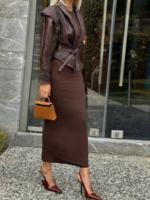 Belted Leather Jacket With Shawl Collar in Dark Brown, side view