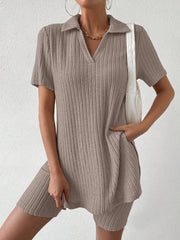 Textured ribbed polo shirt and shorts set in mocha, with a V-neck and short sleeves.