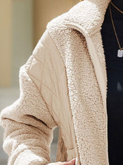 Camel quilted jacket with sherpa trim and zipper detail