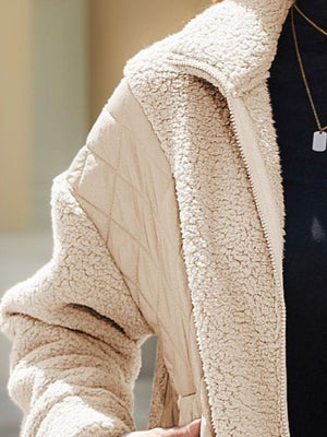 Camel quilted jacket with sherpa trim and zipper detail