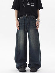 Men's vintage wash wide-leg jeans in blue and black denim, 100% cotton.