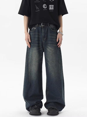 Men's vintage wash wide-leg jeans in blue and black denim, 100% cotton.