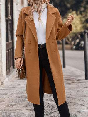 Caramel wool blend wrap coat with double-breasted closure and notched lapels.