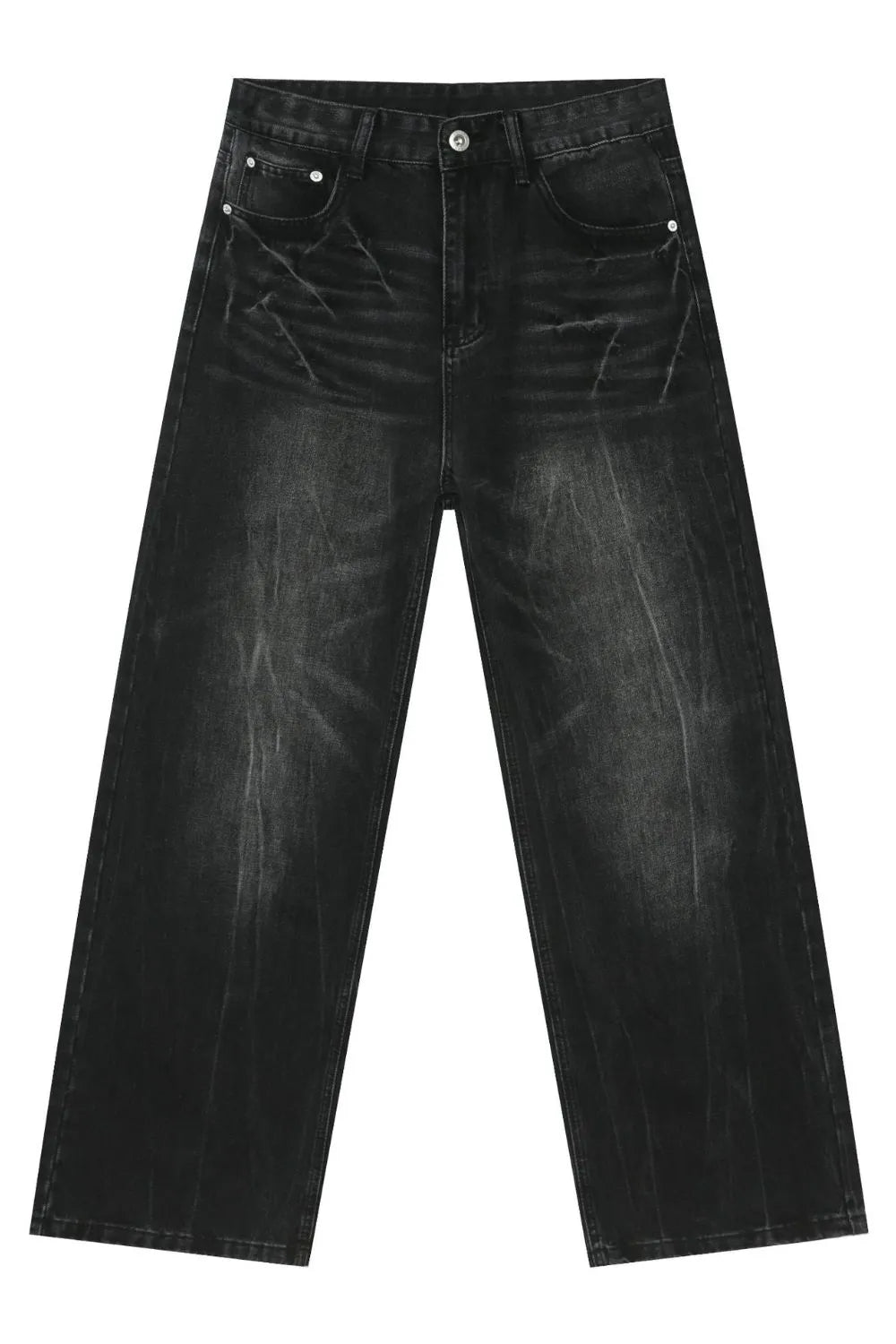 Wide-leg distressed denim jeans in dark vintage wash with a relaxed fit.