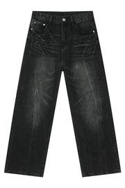 Wide-leg distressed denim jeans in dark vintage wash with a relaxed fit.