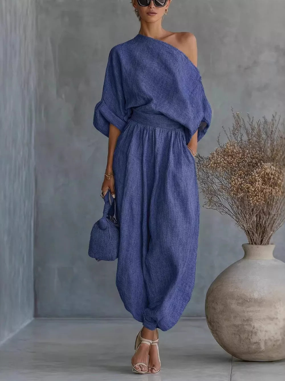 One-shoulder Top And Joggers Set in Blue, front view