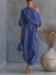 One-shoulder Top And Joggers Set in Blue, front view
