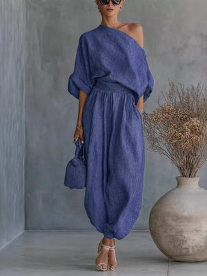 One-shoulder Top And Joggers Set in Blue, front view