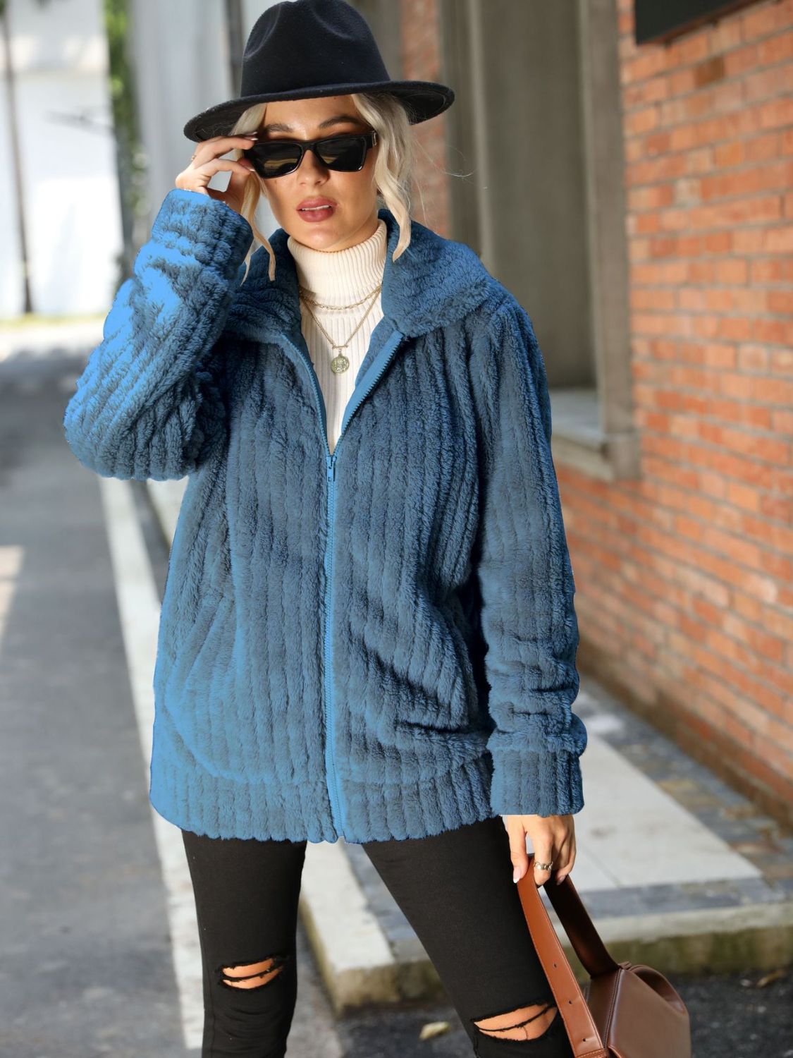 Plush ribbed collar zip-up jacket in Misty Blue with a relaxed fit and zip pockets.
