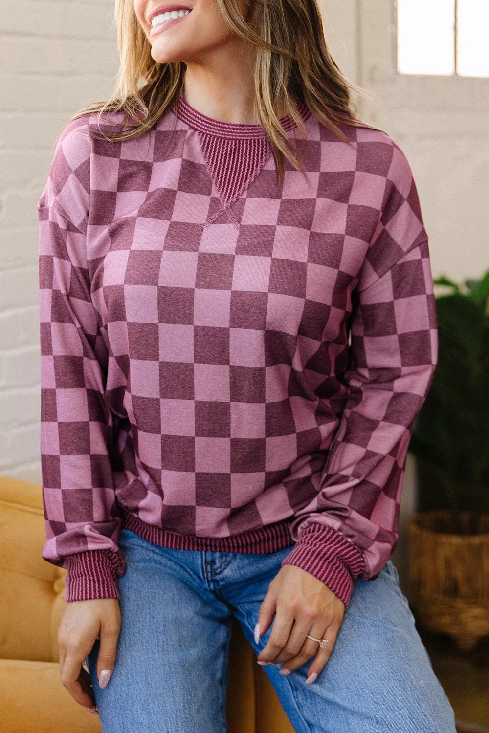Ribbed Trim Checkered Pullover Shirt, model styling view