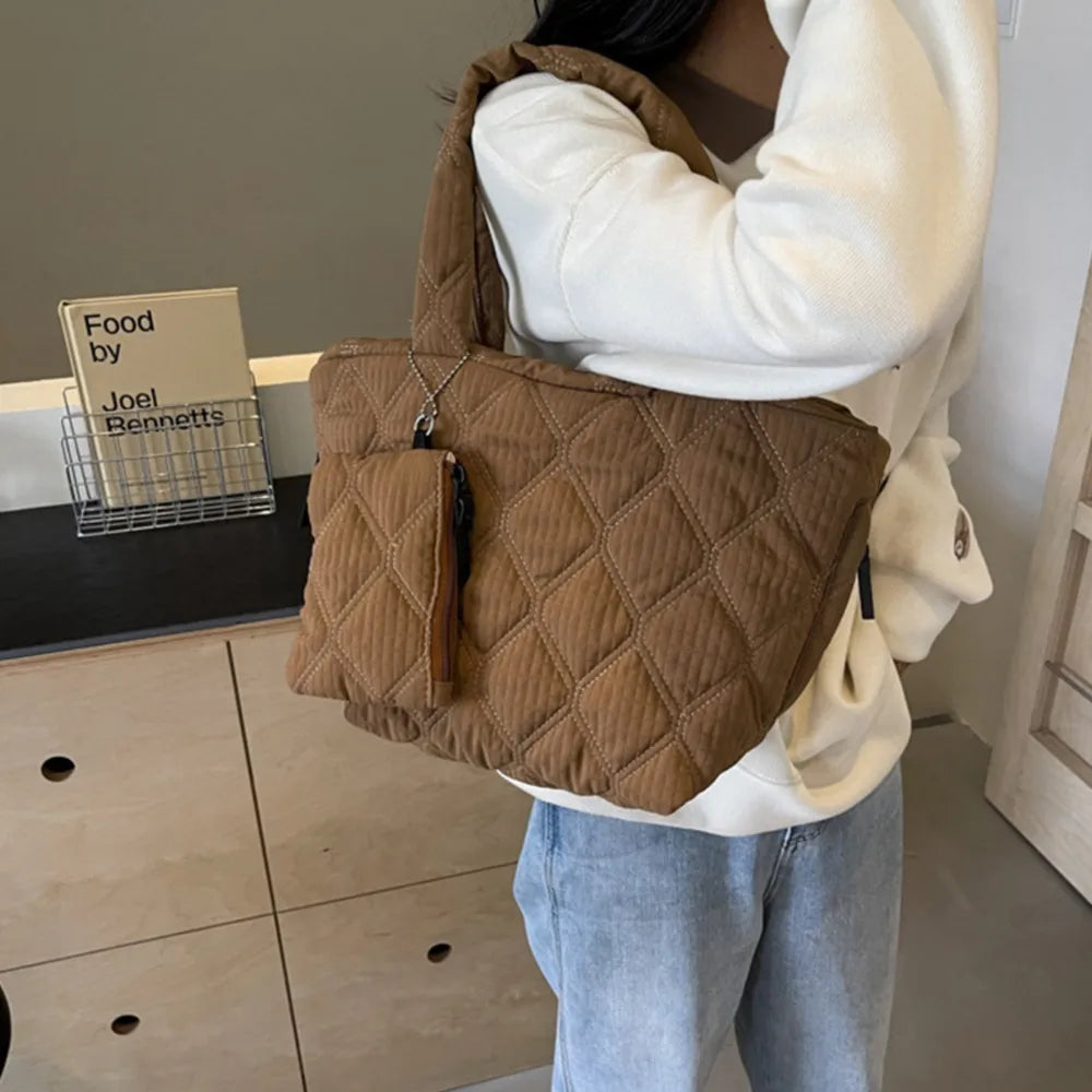 Quilted shopper bag in Coffee Brown with diamond pattern and attached coin purse.