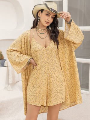 Yellow floral romper and kimono cover-up set with V-neck romper and wide sleeves.