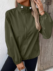 Army green nylon bomber jacket with a high neck, zip front, and drawstring hem.