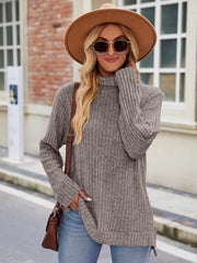Ribbed turtleneck sweater in mocha with side slits and long sleeves.