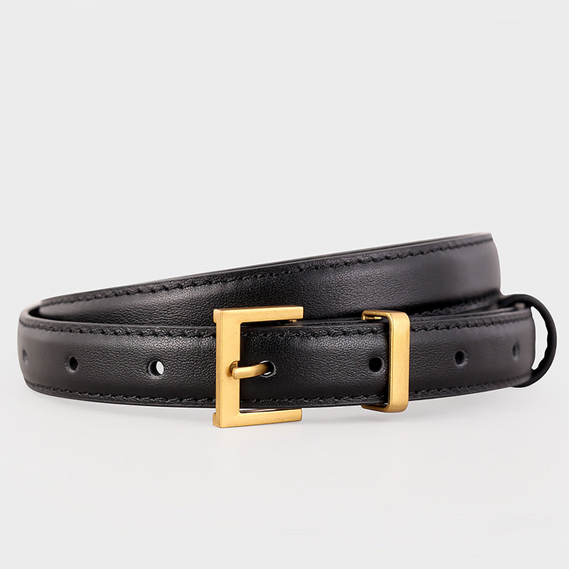 Black leather skinny belt with a golden square buckle and adjustable holes.