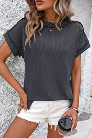 Dark Gray vertical ribbed tunic tee with split hem and short sleeves