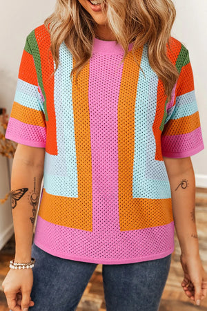 Geometric stripe openwork knit top with short sleeves in multicolor.