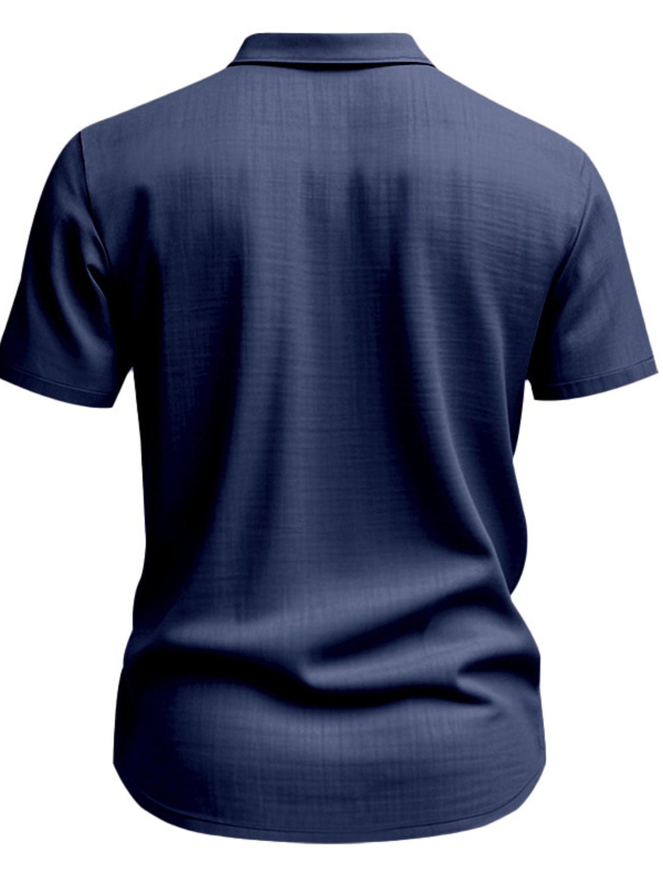 Navy blue classic short sleeve button-down shirt with subtle textured fabric and collar.