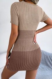 Ribbed knit mini dress with short sleeves and colorblock detail in khaki and brown.