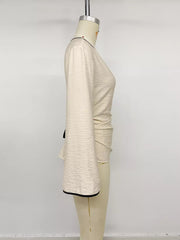 Contrast Trim Flare Sleeve Blouse in Beige, view 11