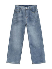 Light blue denim wide-leg jeans with a relaxed, baggy fit and elastic waistband.