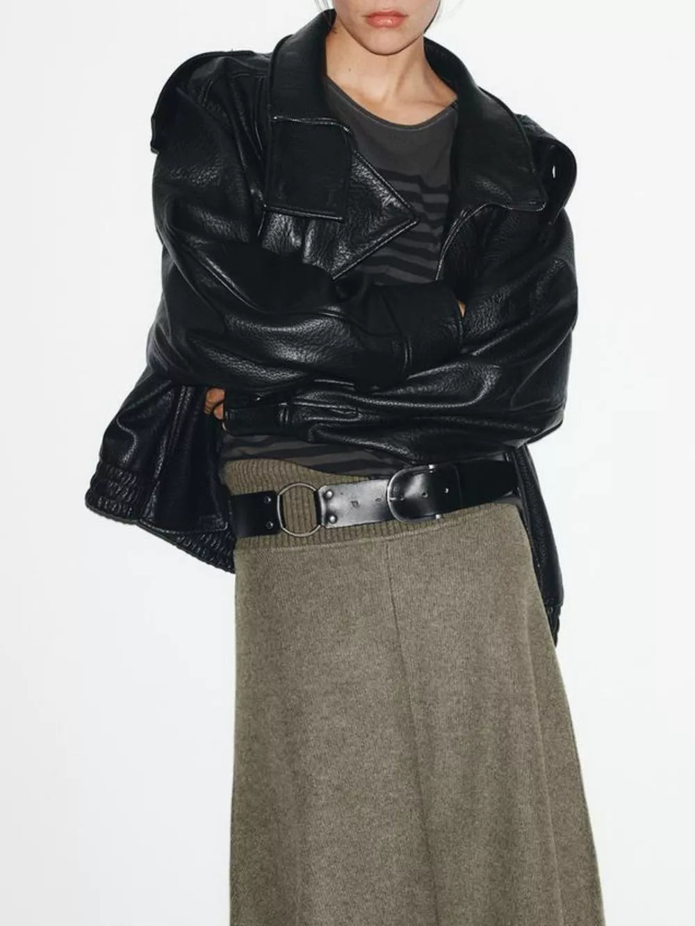 Zip-up Faux Leather Moto Jacket in Brown, model styling view