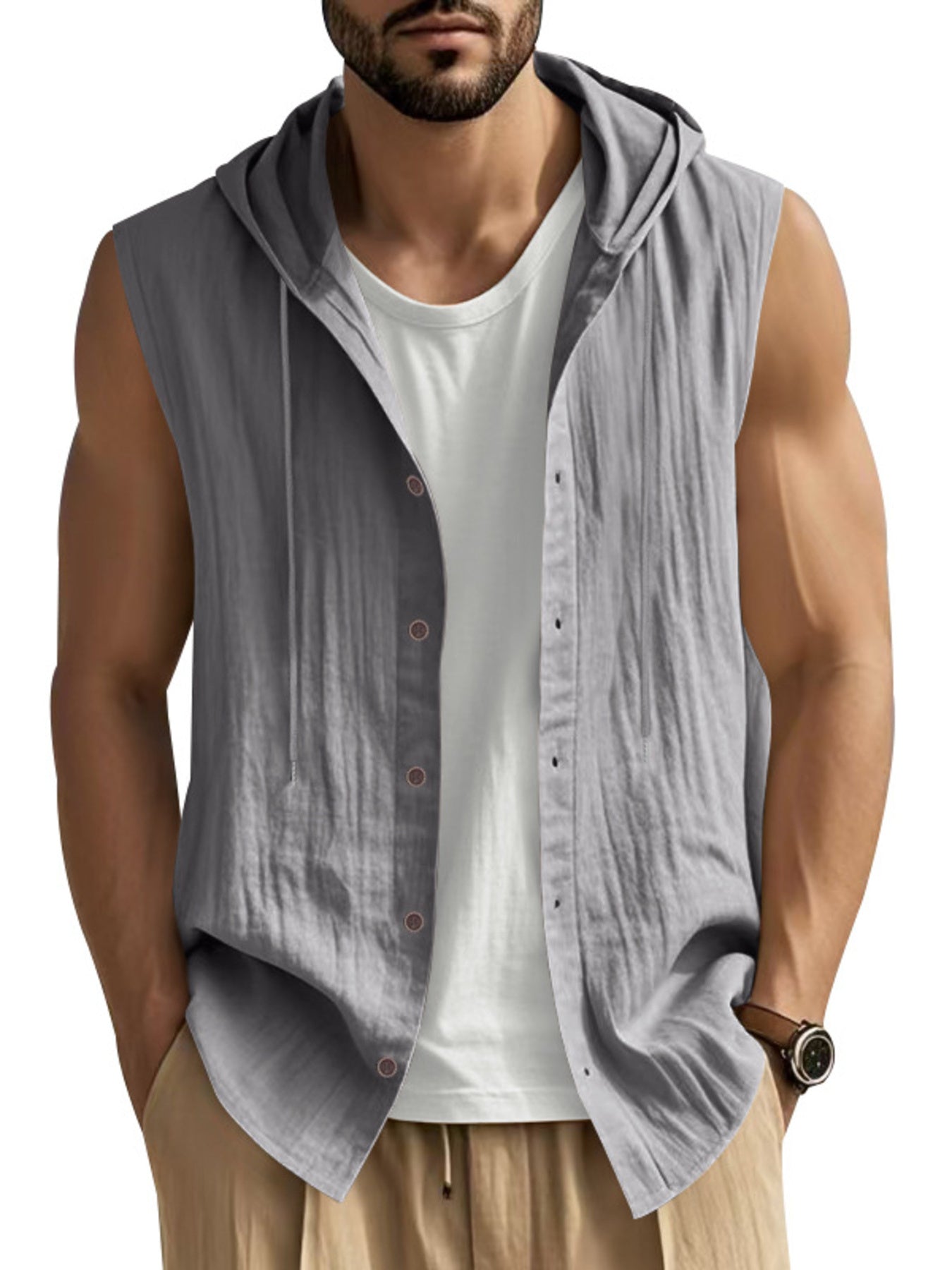 Grey casual sleeveless hooded men's shirt with button front, worn over a white undershirt.