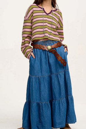 Waffle knit cropped top with pink and green stripes, V-neck, and long sleeves.
