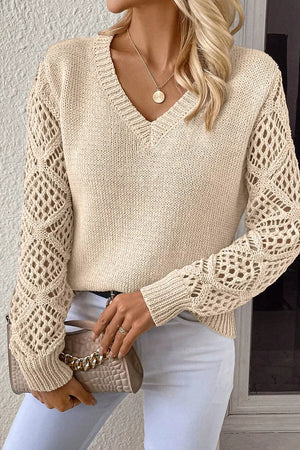 Beige knit sweater with crochet diamond sleeves and V-neck