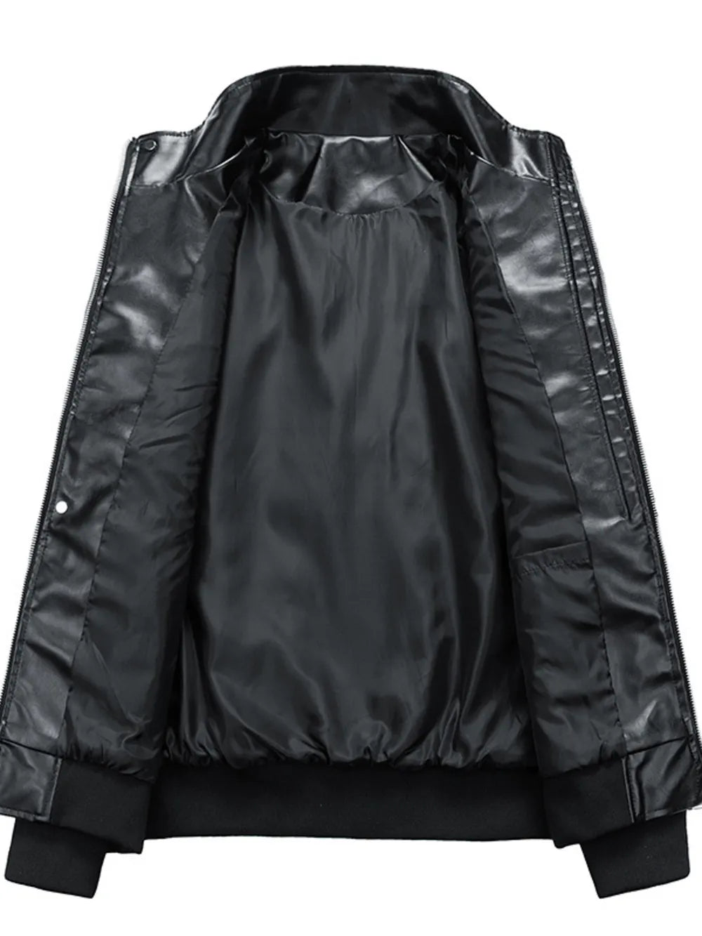 Black leather racing jacket, open view showing smooth lining and ribbed cuffs.