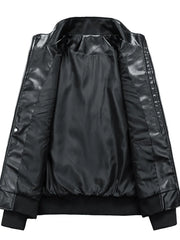 Black leather racing jacket, open view showing smooth lining and ribbed cuffs.