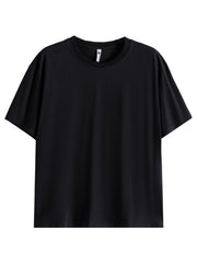 Black cotton crew neck t-shirt with short sleeves and a relaxed fit.